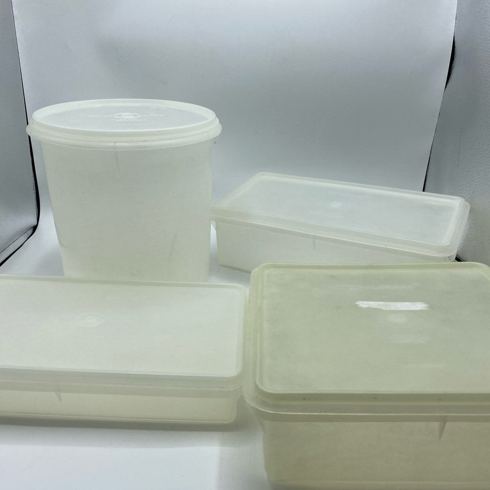 Vintage Tupperware Lot Tall Round Rectangle Containers Off Sheer WHITE 8 Piece